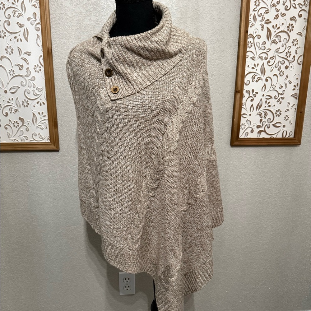 Karen Scott Beige Cable Knit Poncho with Buttons